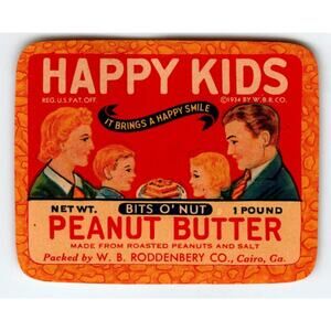 Happy Kids Peanut Butter Vintage Jar Label 1940s Boy Girl Mom Dad Bits O Nut
